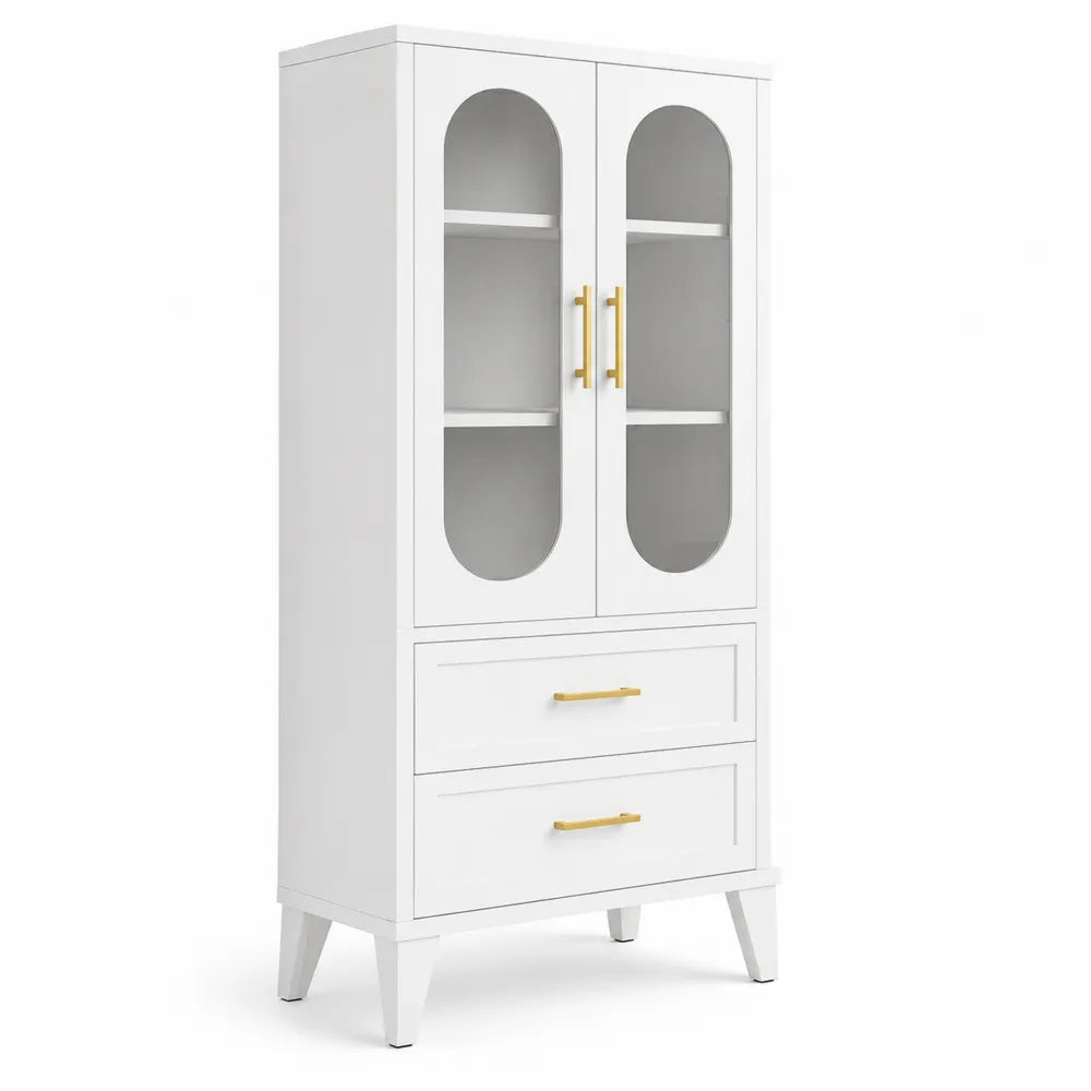 Vitrine en bois MDF avec portes en verre trempé et poignées dorées