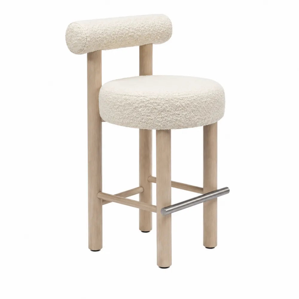 Tabouret de bar en bois avec tissu bouclé blanc et repose-pieds métallique