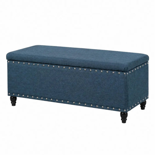 Banc de rangement en tissu et bois avec clous décoratifs