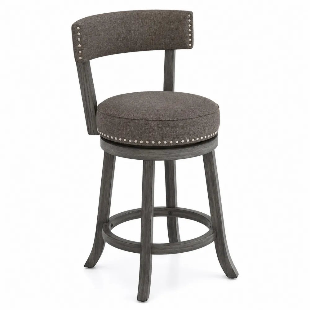 Tabouret de bar en bois et tissu gris avec détails cloutés