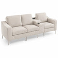 Canapé 3 places en velours côtelé beige avec accoudoir et porte-gobelets