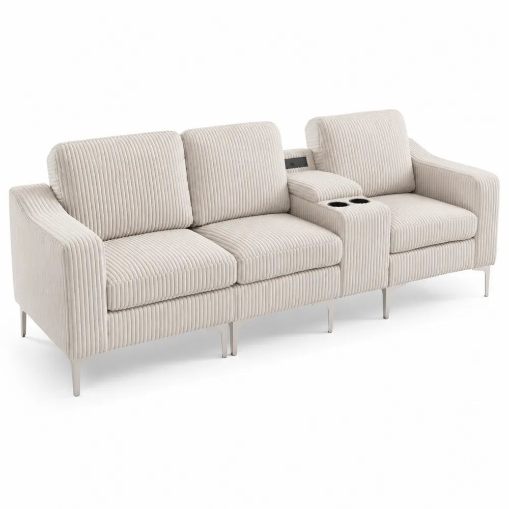 Canapé 3 places en velours côtelé beige avec accoudoir et porte-gobelets