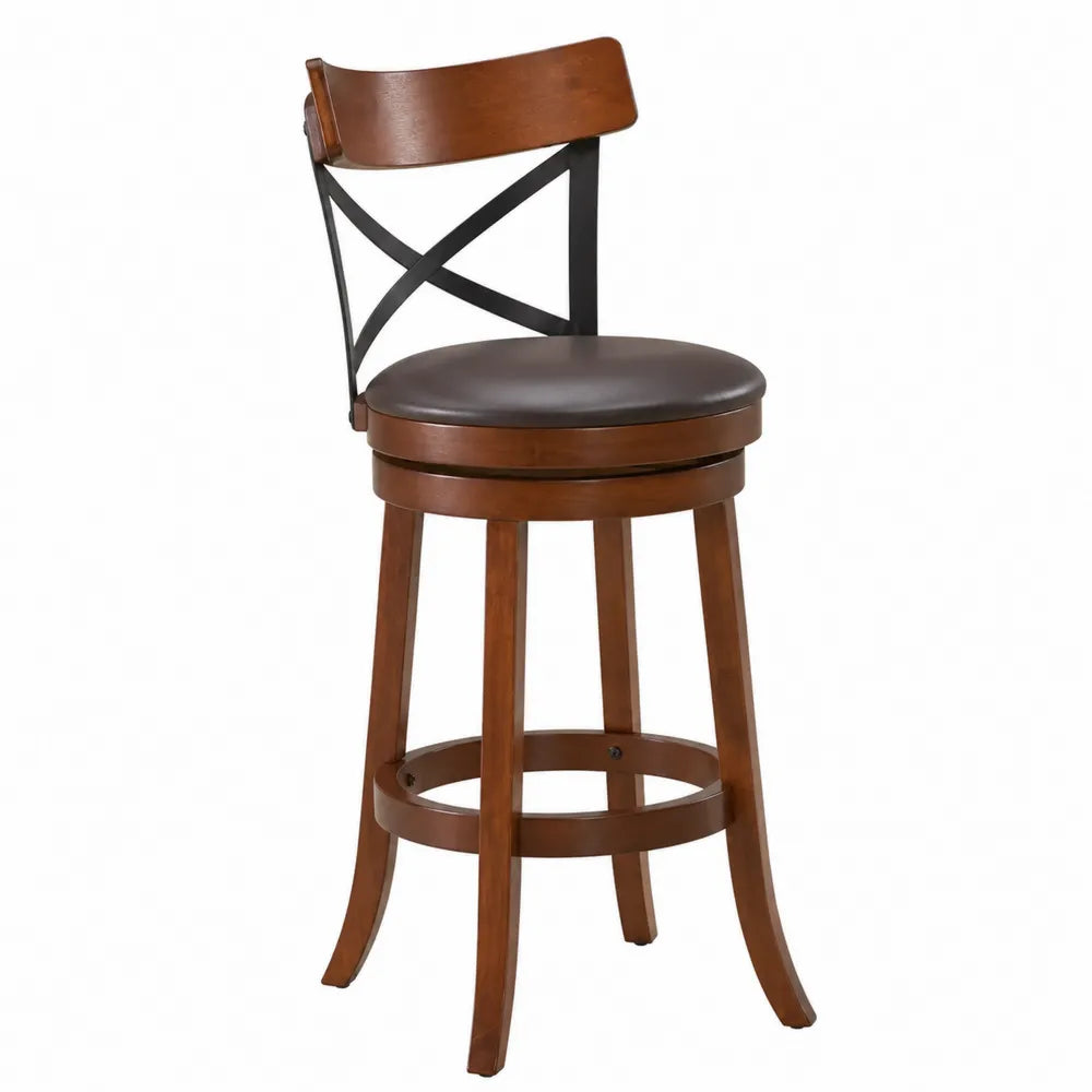 Chaise de bar pivotante en bois et métal avec siège en similicuir brun