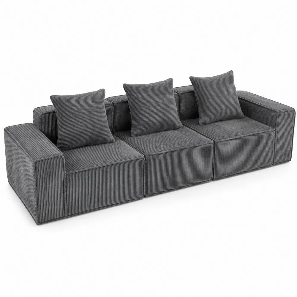 Canapé modulable en velours côtelé gris 240 cm avec coussins