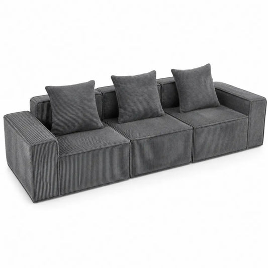 Canapé modulable en velours côtelé gris 240 cm avec coussins